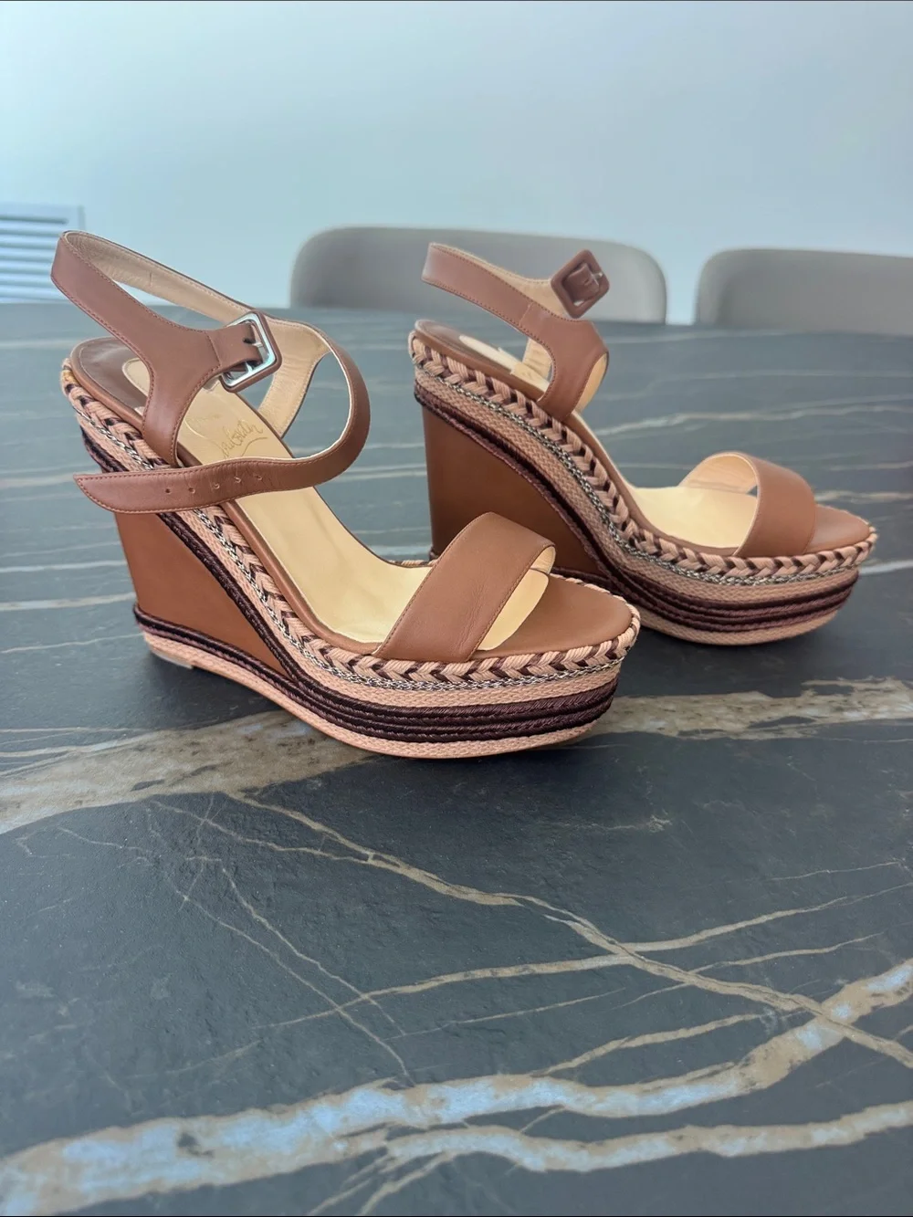 Christian Louboutin Brown Leather Braided Platform Wedge Sandals